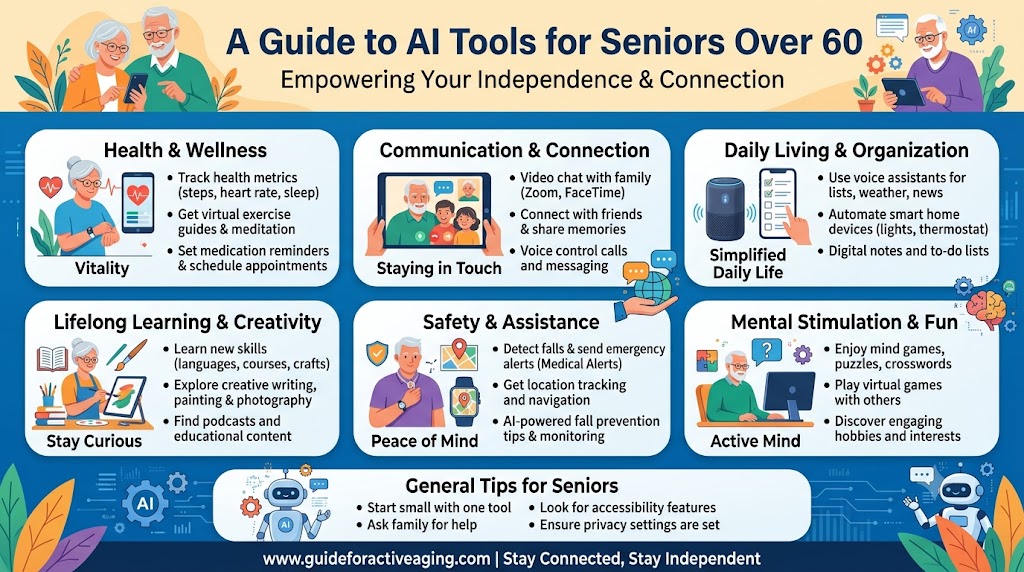 An active senior over 60 comfortably using simple AI tools on a laptop in a bright home office.