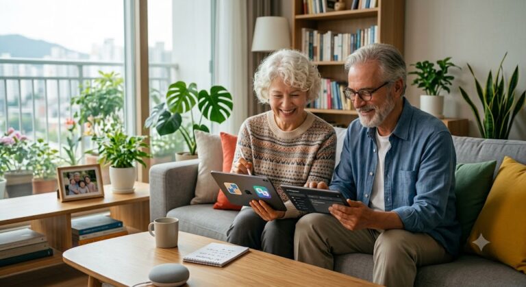 A senior couple, a white woman with short curly white hair and a white man with a beard and glasses, sit happily on a sofa in a modern, sunlit living room. They are interacting with two tablets. The woman holds an iPad Pro with a stylus, displaying puzzle and learning icons. The man uses a Samsung Galaxy Tab with a calendar app displaying 'AI Organizer' text. Both are smiling, engaged, and focused. The coffee table has a mug, a notepad with English text, and an AI speaker. The background shows a balcony with plants and a city view, and a bookshelf.