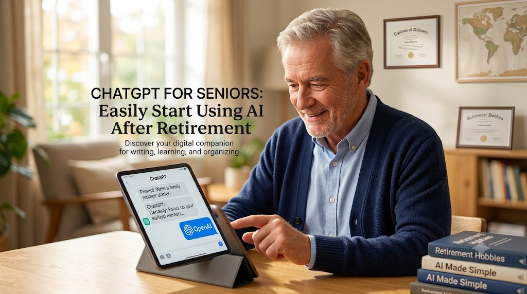 A smiling senior man over 60 enjoying using ChatGPT on a tablet computer at home after retirement.