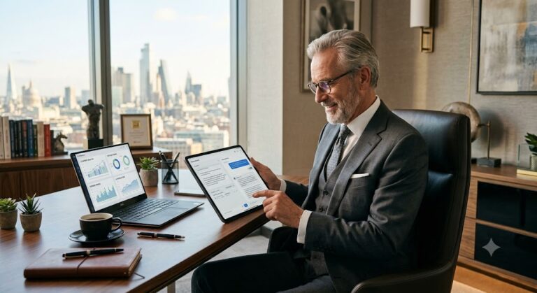 A distinguished senior male executive with short gray hair and glasses sitting at a modern, sunlit office desk. He is holding a sleek tablet displaying a modern generative AI dashboard with clean graphs and text prompts. On the desk sits a laptop, a warm cup of coffee, and professional documents in a high-end corporate setting.