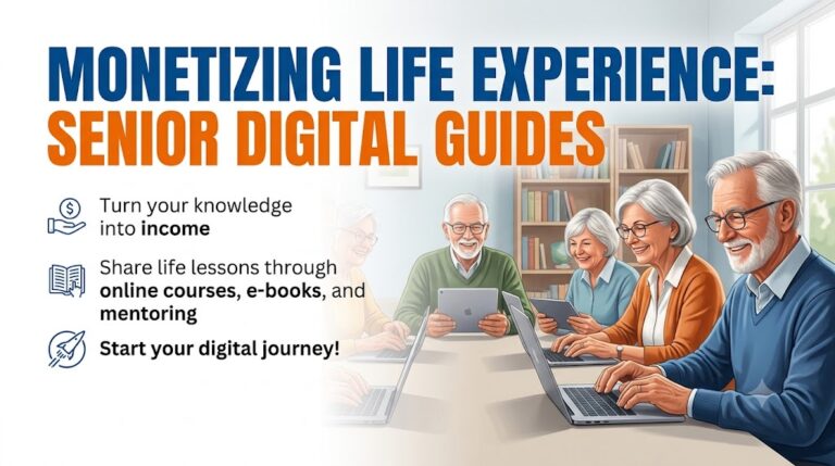 A cheerful senior man working at a sunlit wooden desk with a laptop and tablet, creating a digital ebook guide using AI tools.