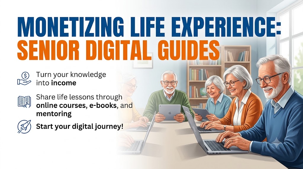 A cheerful senior man working at a sunlit wooden desk with a laptop and tablet, creating a digital ebook guide using AI tools.