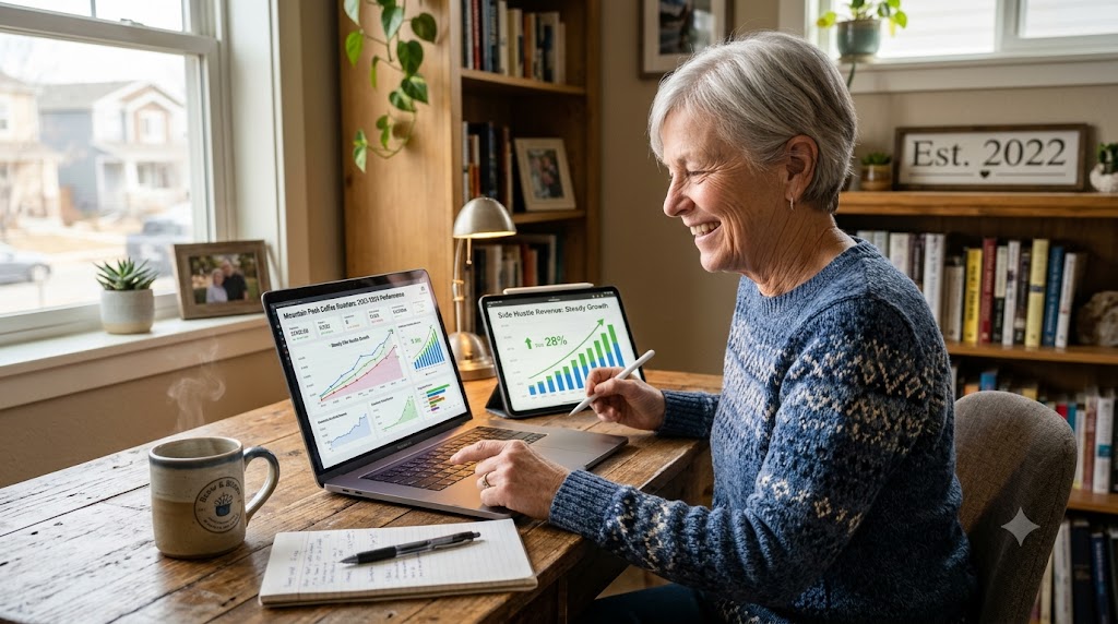 A cheerful senior entrepreneur working in a bright home office, using a laptop and tablet to manage an online side hustle.