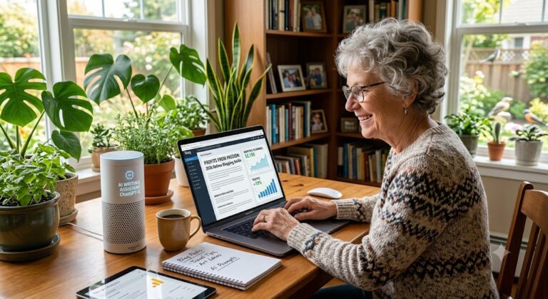 A senior retired woman with curly gray hair and glasses happily typing on a laptop at a wooden desk in a cozy, sunlit home office filled with houseplants. Her laptop screen shows a blog dashboard with analytics charts and an article draft titled 'Profits From Passion: 2026 Retiree Blogging Guide'. On her desk sits a warm mug of coffee, an AI smart speaker, a notepad with handwritten AI prompts, and a tablet displaying traffic analytics.