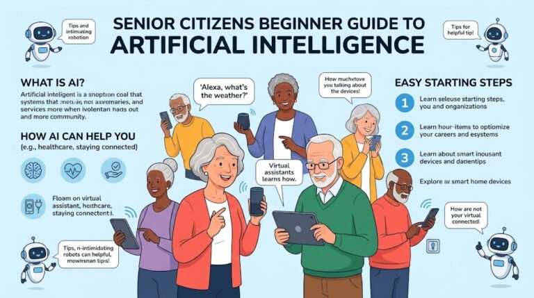 An elderly senior citizen comfortably interacting with an easy AI assistant on a tablet at home without coding.