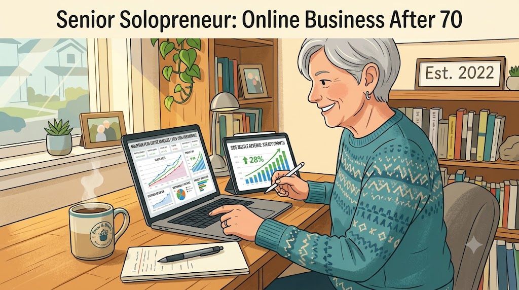 A vibrant 70-year-old senior entrepreneur sitting happily at a sunny desk with a laptop and digital graphic tablet.